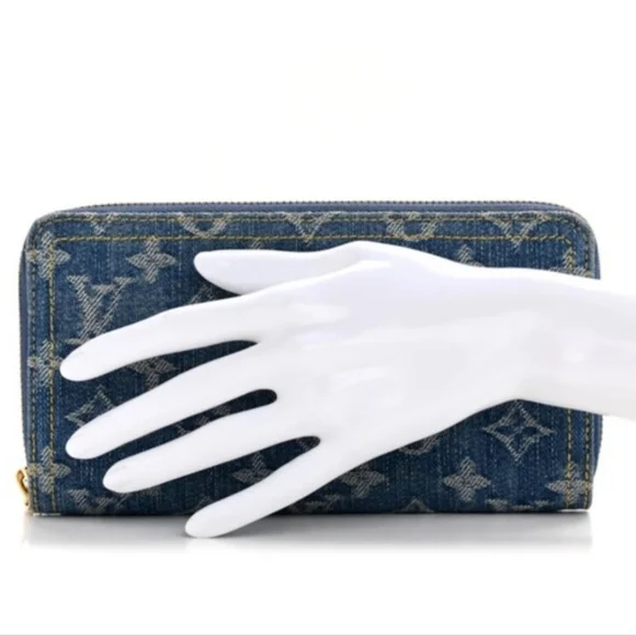 Denim Alongated Multi Compartment Blue/White Monogram Branded Logo Wallet - Picture 2 of 11